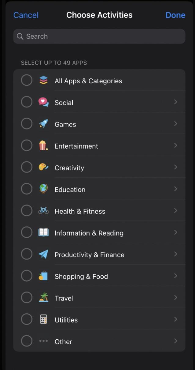 App Categories Selection Screen
