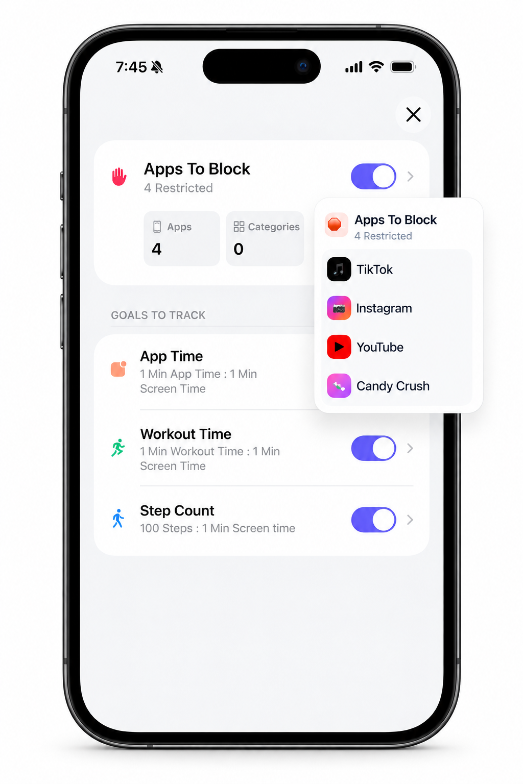 Achieve app-blocking settings with selected distracting apps.