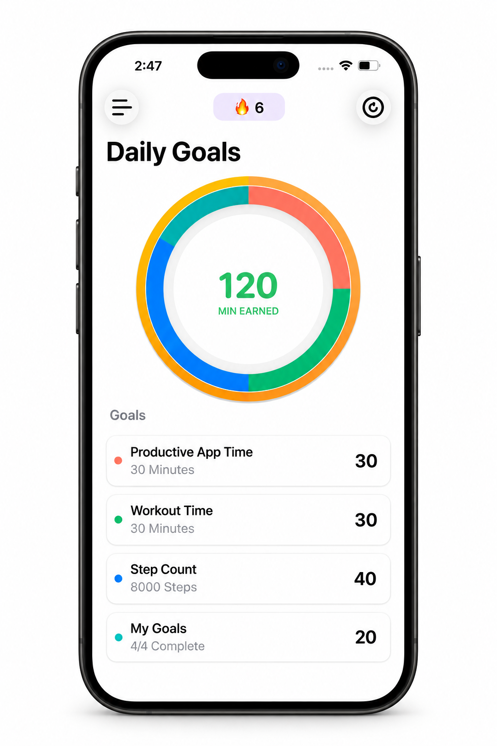 Achieve Daily Goals screen with a colored progress ring and earned screen time.