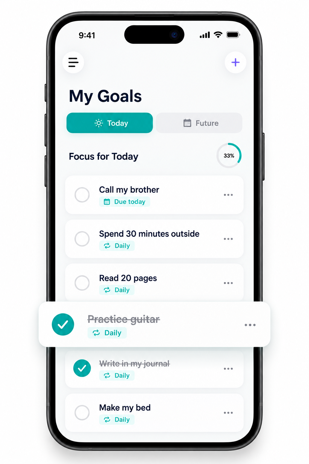 Achieve My Goals checklist with everyday tasks and completed goals.